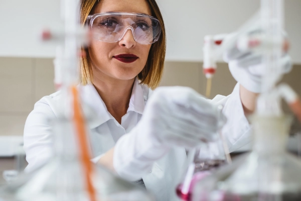 Wissenschaftlerin mit Brille bei der Arbeit in einem Labor 