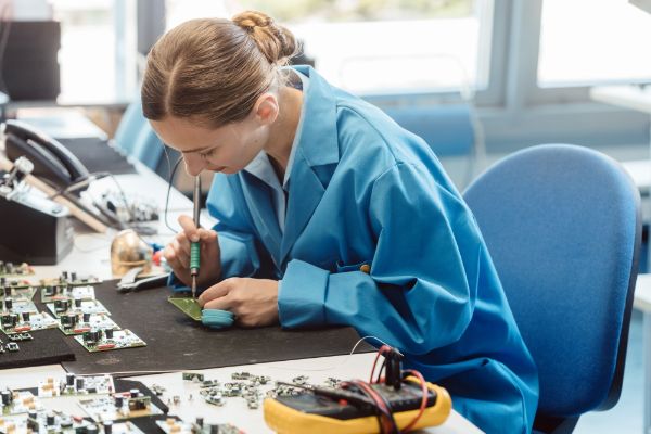 ​​Female electronics worker soldering a component​ 